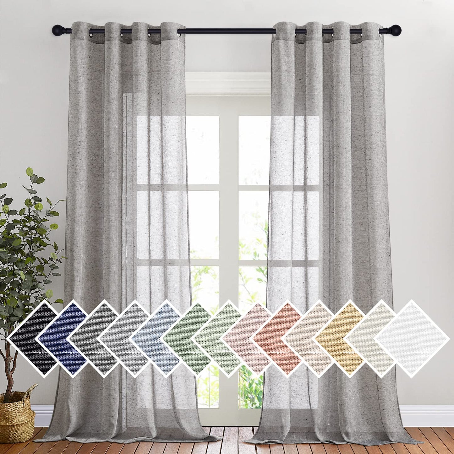 NICETOWN White Sheer Linen Curtains for Living Room 84 inch Length 2 Panels Set, Grommet Semi Sheer Privacy with Light Filtering Flax Window Treatments for Bedroom, W52 x L84
