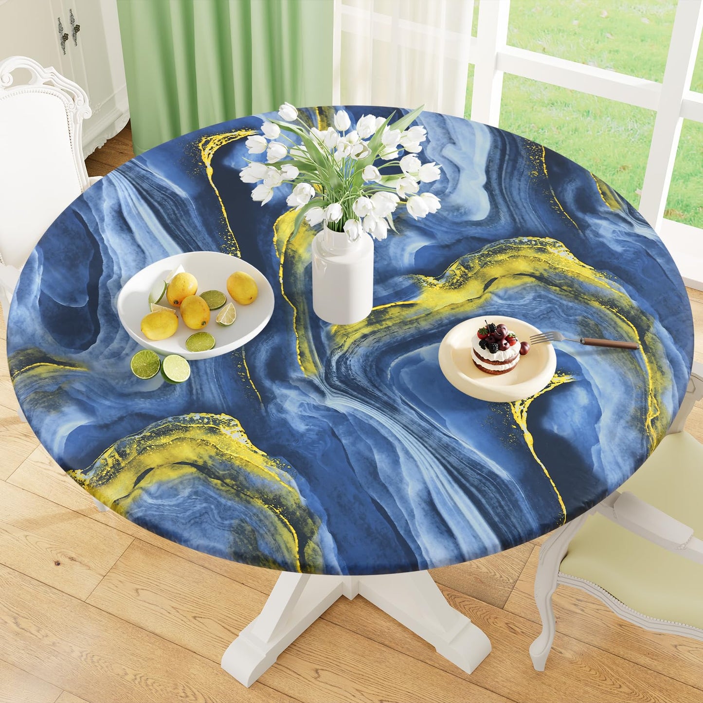 Round Fitted Tablecloth with Elastic Edge, 100% Waterproof Oil Proof Plastic Table Cover, Vinyl Flannel Backed Tablecloth Fits 36"-44" Round Tables for Dinner, Outdoor, Picnic, Oak Wooden Grain