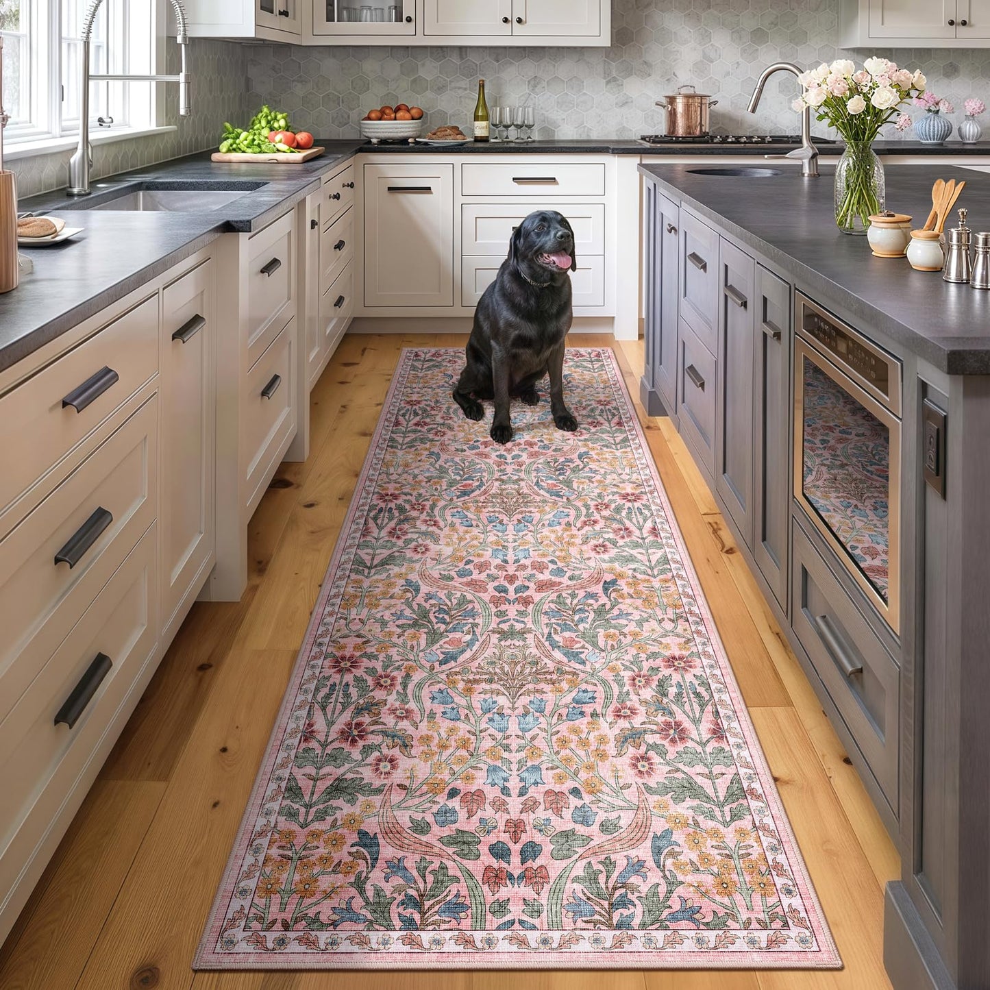 5x7 Washable Area Rug Green Boho Floral for Living Room Bedroom Nursery | Carpet for Dining Room, Soft Low-Pile Non-Slip Faux Wool, Farmhouse Indoor, Kid & Pet Friendly, Stain, Fade & Wear Resistant