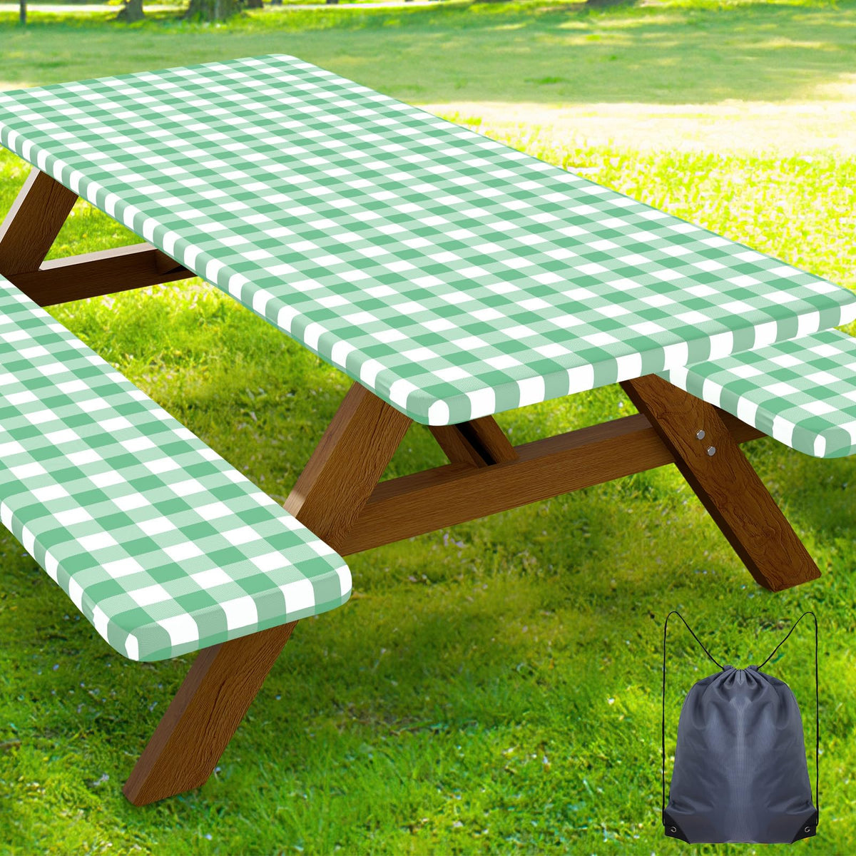Smiry 6FT Picnic Table Cover with Bench Covers, Elastic Fitted Tablecloth | Waterproof Washable Rectangle Tablecloths ,Buffalo Plaid Tablecloth for Dining, Camping, Outdoor (Black & White, 30" x 72")