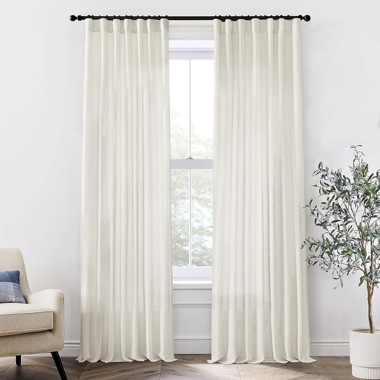 Linen Cotton Curtains for Living Room, Cream Off White Natural Fabric Light Filtering Semi Sheer Curtains 84 Inches Long, Ivory Pleated Farmhouse Curtain Drapes 84 Inch Length 2 Panels Set Dining Room