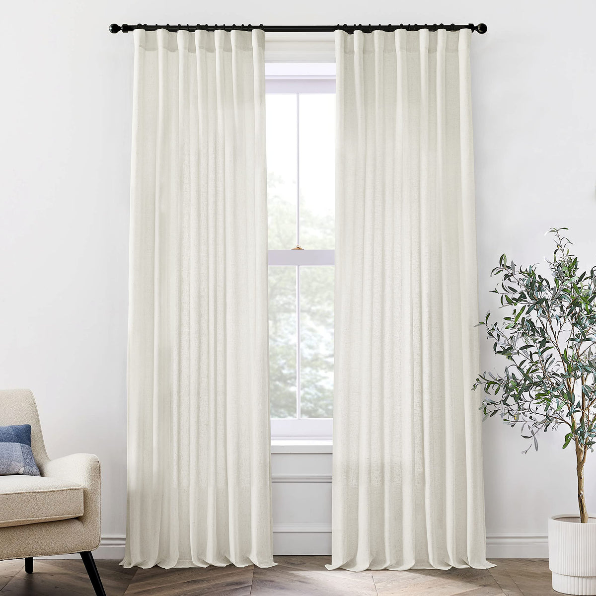 Linen Cotton Curtains for Living Room, Cream Off White Natural Fabric Light Filtering Semi Sheer Curtains 84 Inches Long, Ivory Pleated Farmhouse Curtain Drapes 84 Inch Length 2 Panels Set Dining Room
