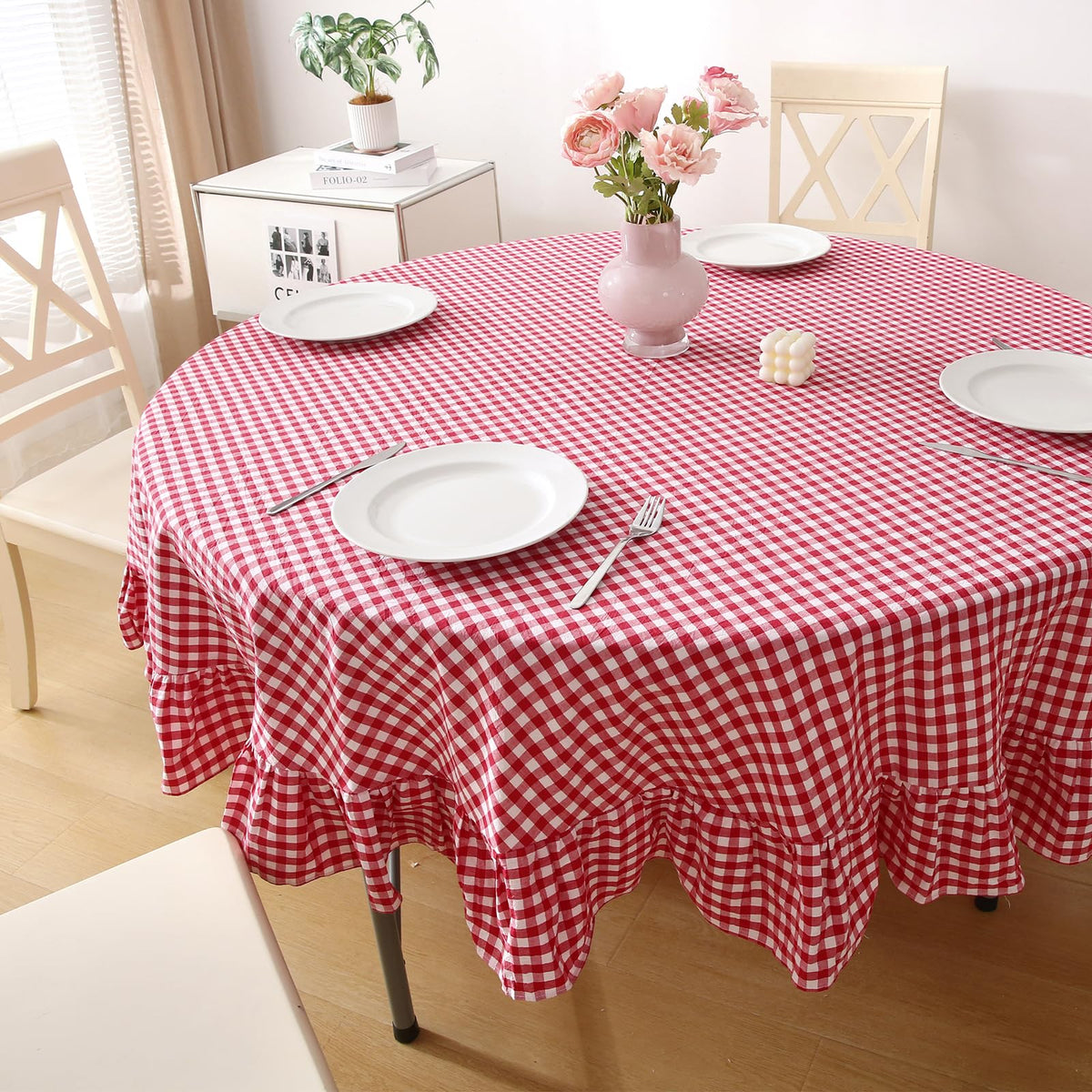 Blush White Gingham Ruffled Table Cloth Rectangular 120“x60” | 100% Washed Cotton, for Seat 8-10, Buffet Picnic Baby Shower Party Tablecloth, Decorative Checker Plaid Farmhouse Table Cover