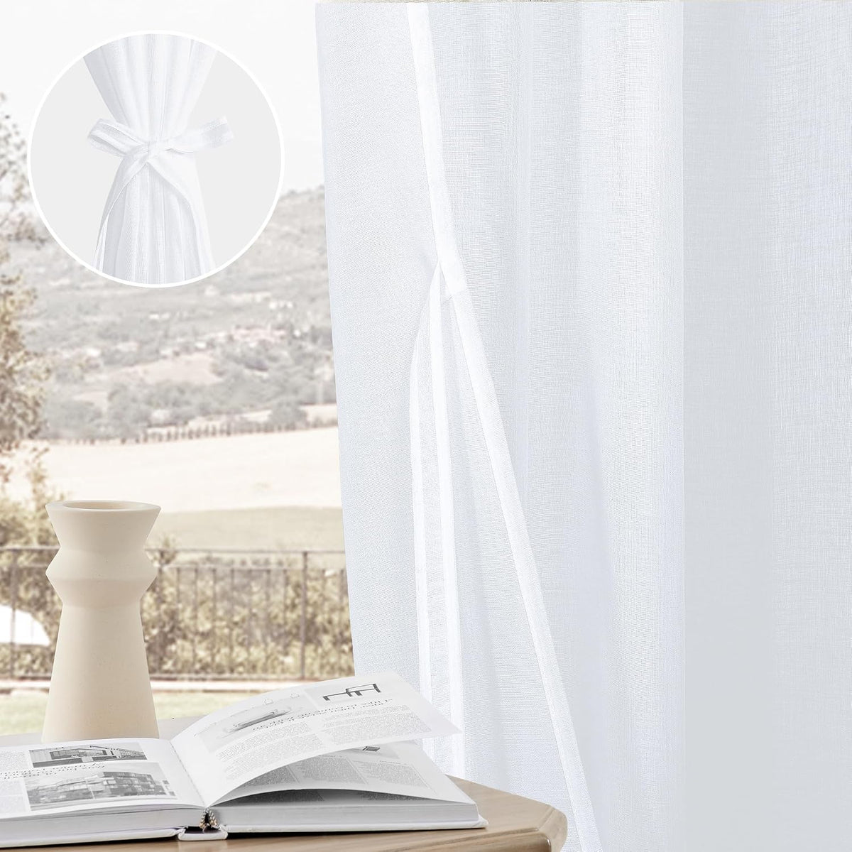 DWCN White Faux Linen Sheer Curtains, 2 Panels, 52x84 Inch | Faux Linen Textured Curtains with Rod Pocket & Back Tab, Semi Voile Light Airy Gauzy Privacy Drapes for Living Room Bedroom