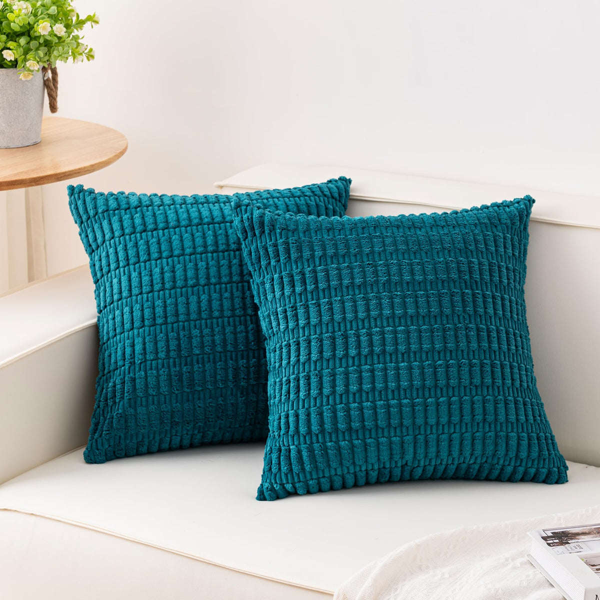 Pack of 2 Corduroy Decorative Throw Pillow Covers 18x18 Inch, Cream White | Fall Soft Striped Pillow Covers Modern Farmhouse Home Decor Christmas Throw Pillow Covers for Sofa Living Room Couch Bed ﻿