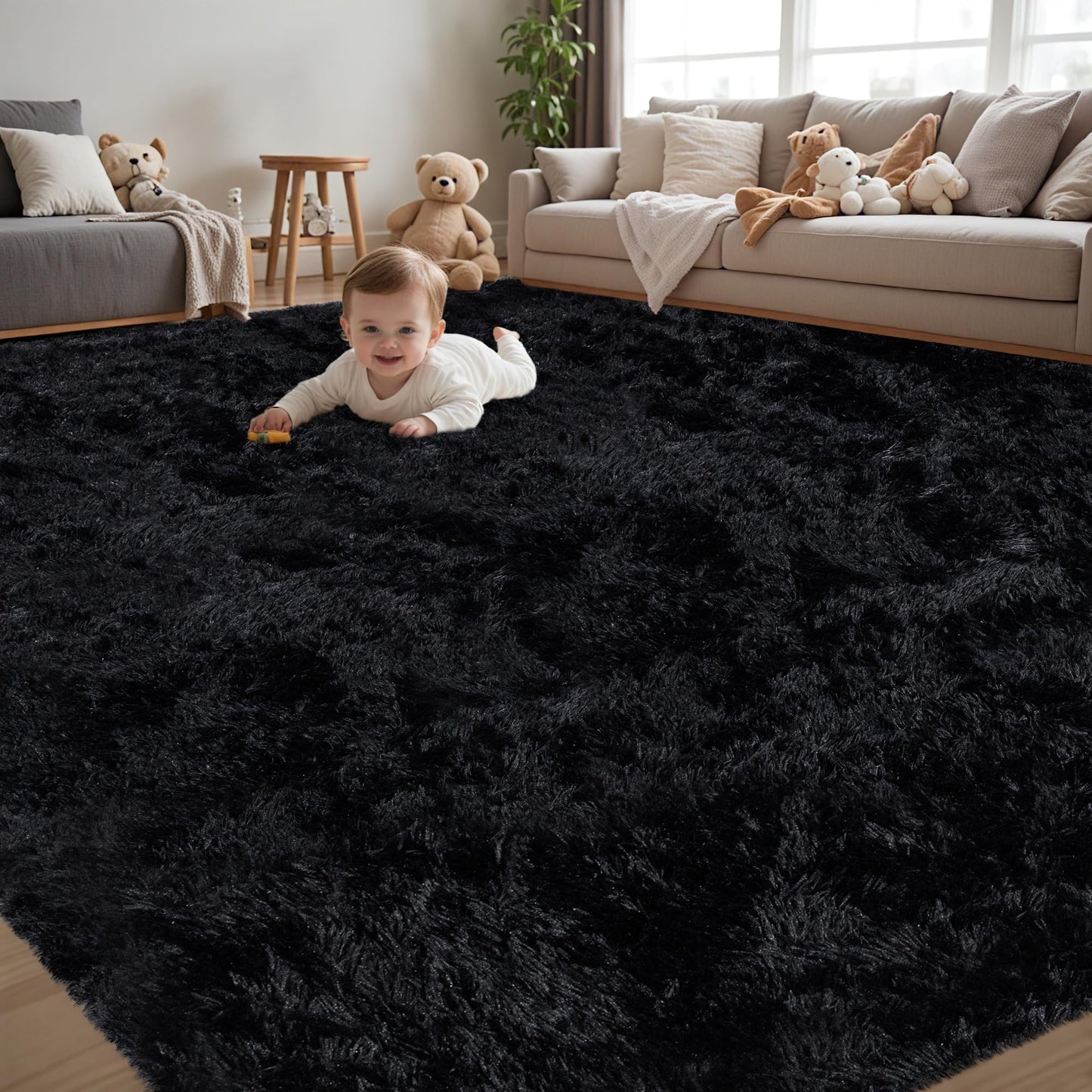 8x10 Area Rug for Living Room,Black Fluffy Shag Non-Slip Bedroom Rugs | Ultra Soft Large Fuzzy Plush Indoor Carpet，Washable Rugs for Bedroom Kids Nursery Office Dorm Modern Decor