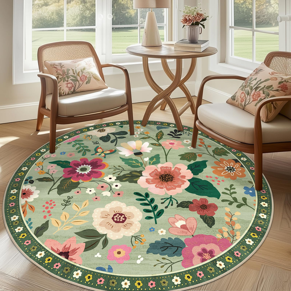 RELEANY Floral Washable 5x7 Area Rugs Black | Flower Carpet, Print, Boho, Non-Slip, Easy to Clean, Soft, Low Pile for Living Room Bedroom Kitchen Office Entryway Hallway