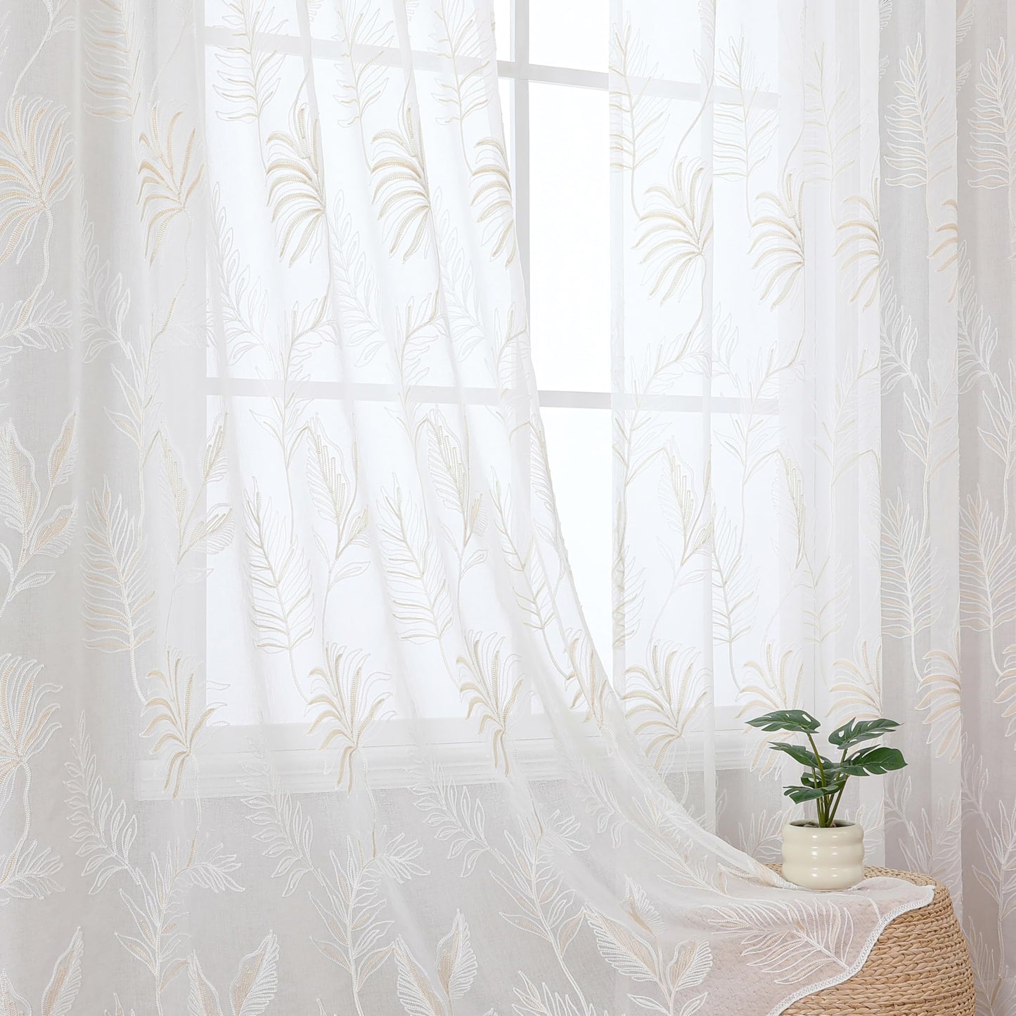 Sheer Curtains Boho Leaf Floral Embroidered Cream Beige 54Wx84L | Light Filtering Semi Sheer Voile Curtains With Design, Rod Pocket Window Drapes for Bedroom Living Room 2 Panels