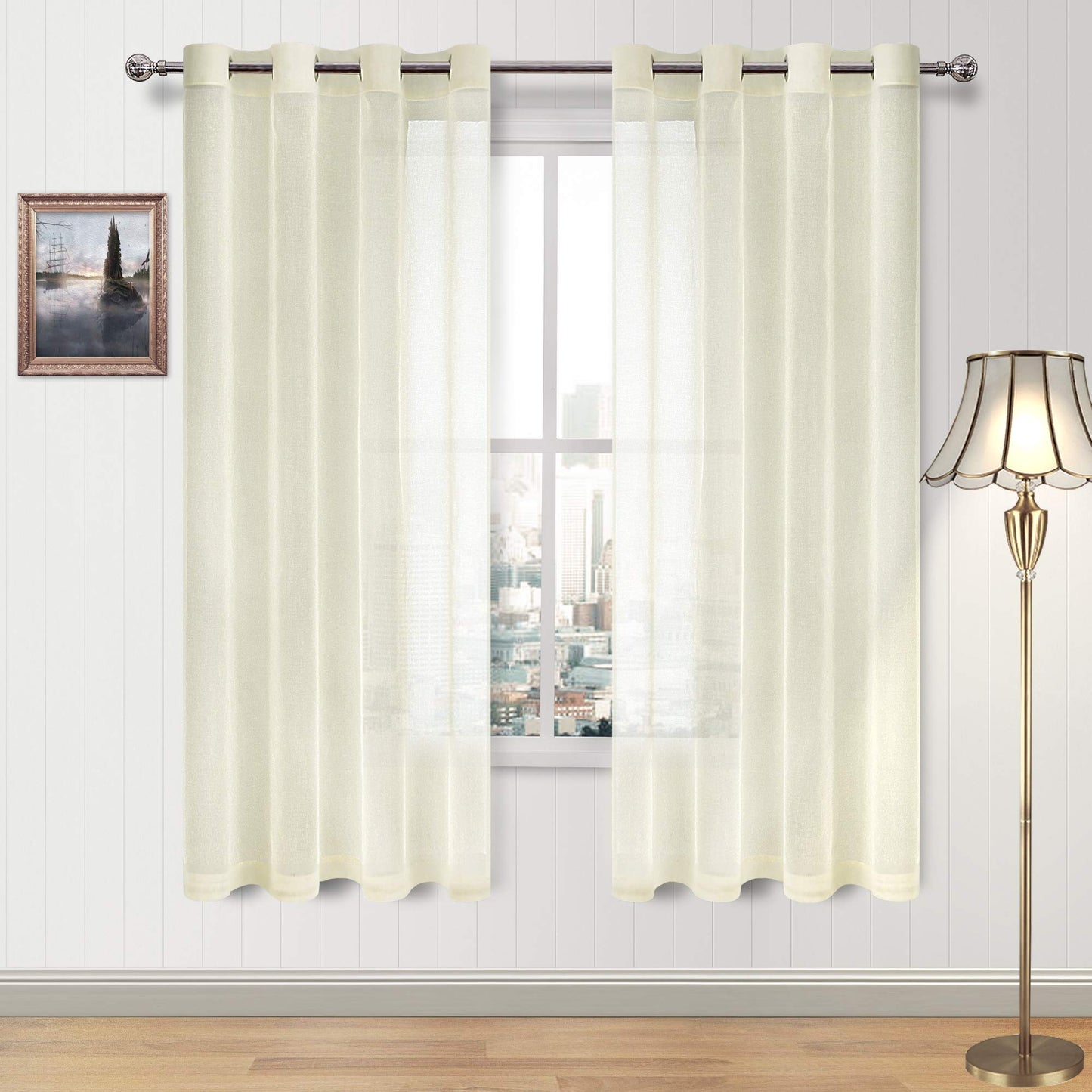 DWCN White Sheer Curtains Linen Look Semi Transparent Voile Grommet White Curtains for Living Dining Room Drapes 52 x 84 Inch Long, Set of 2 Panels