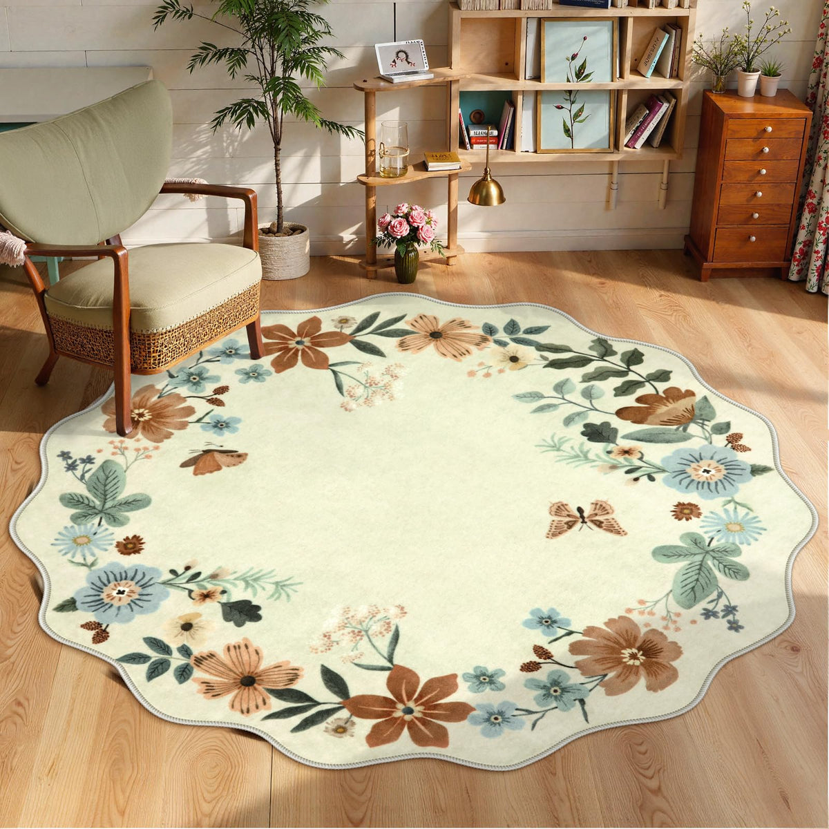 Lahome Floral Washable Living Room Rug, 5x7 Area Rugs for Bedroom Soft | Dining Room Rug Ultra-Thin Non Slip Stain Resistant Boho Low-Pile Throw Carpet for Office Flore (5x7ft, Beige)