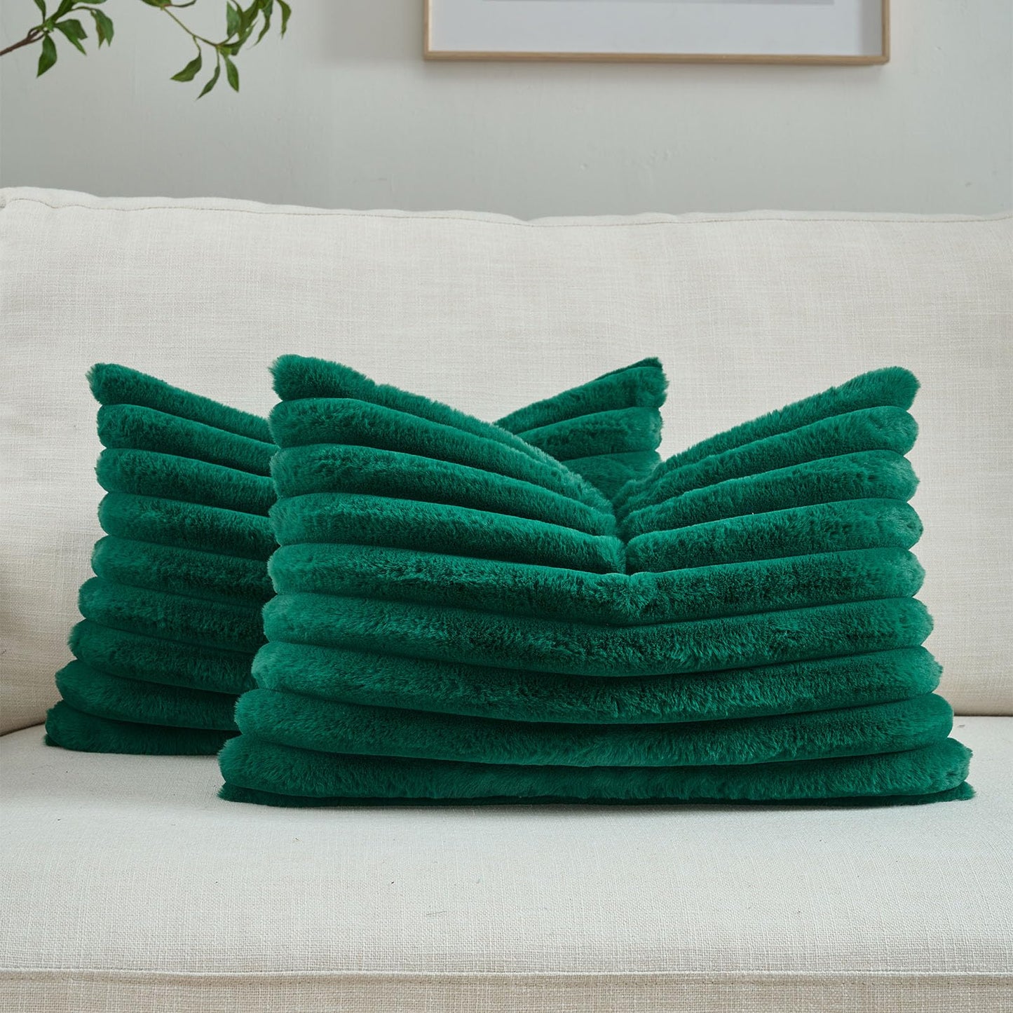 FUTEI Pack of 2 Faux Fur Throw Pillow Covers 18x18 Inch, Cream White | Fluffy Faux Rabbit Fur Front/Premium Velvet Back,Hidden Zipper,Machine Washable,Non-Shedding,Colorfast,Insert Not Included.