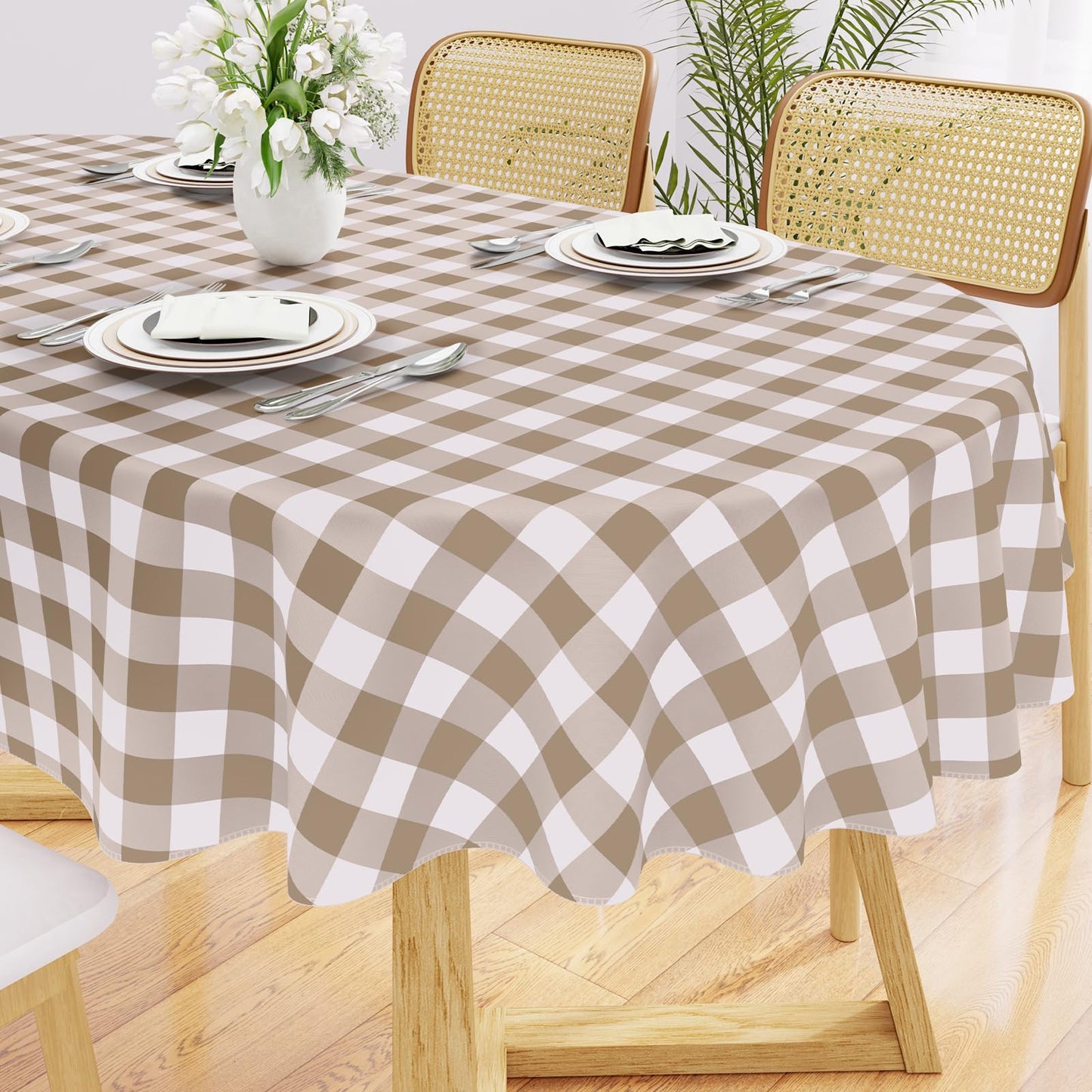 Smiry Picnic Table Cloth, Vinyl Tablecloths with Flannel Backing, 60"x84" | Waterproof Rectangle Table Cloth, Wipeable Buffalo Plaid Table Cover for Indoor and Outdoor (Khaki & White)