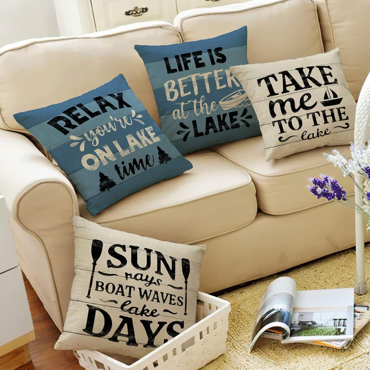 Life is Better at The Lake House Decorative 18x18 Throw Pillow Cover | Set of 4, Lakehouse Retro Paddle Boat Decoration, Summer Farmhouse Pillowcase Cushion Case Home Decor for Sofa Couch