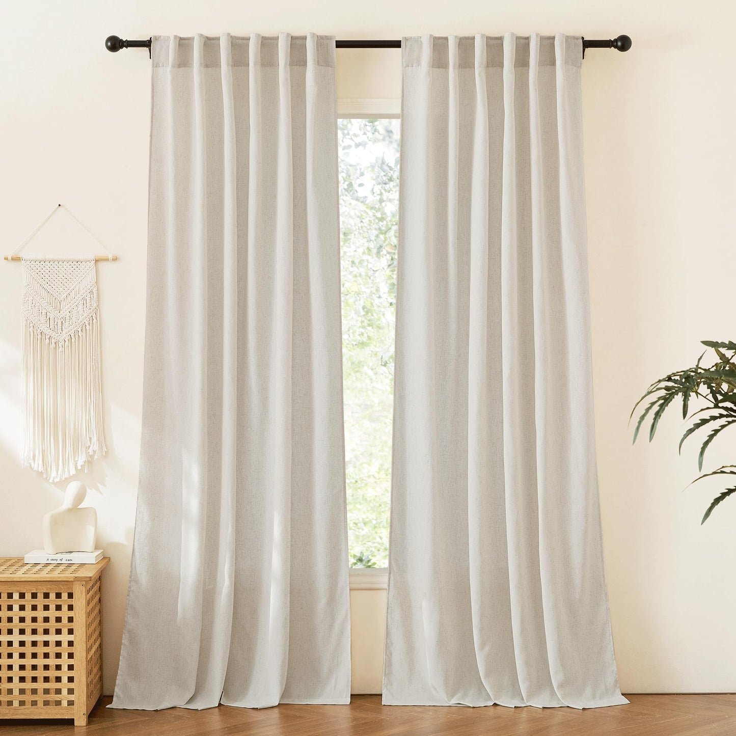RYB HOME White Sheer Curtains for Living Room Patio Glass Door, W52 x L95 | Linen Texture, Light Filtering Privacy, Airy Translucent, Back Tab, Bedroom Office Balcony, W52 x L95, 2 Panels