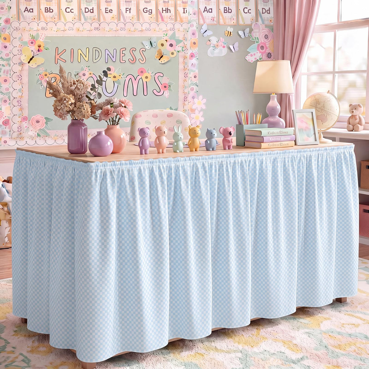 Teacher Desk Skirt 6 ft Pastel Checkered Classroom Decor | Ruffled Table Cover for Teacher Desk, Fits Kindergarten Office Decor, Back to School Classroom Supplies