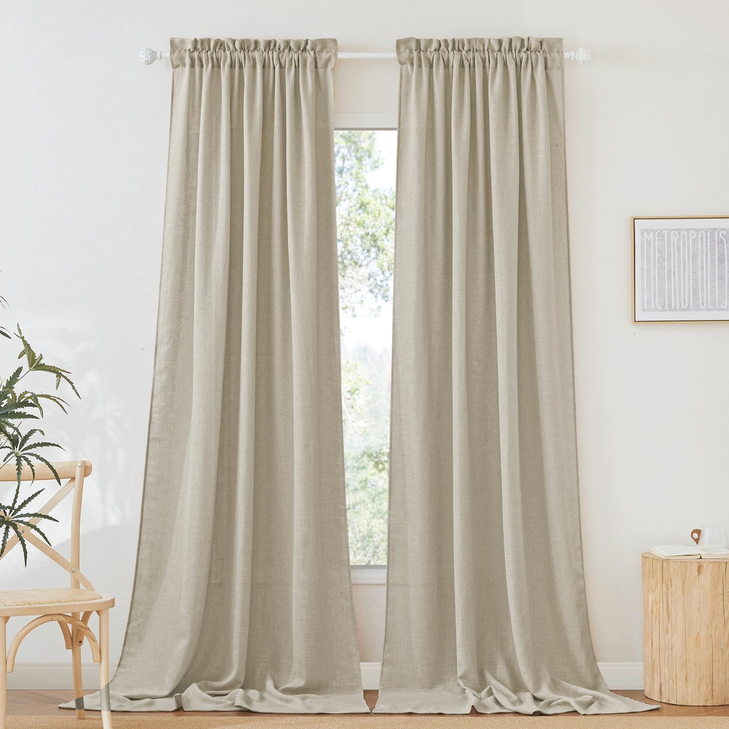 RYB HOME White Semi Sheer Curtains 84 inches Long for Living Room | Half Privacy, Linen Textured, Sheer Light Filtering, Vertical Window Drapes, for Bedroom Dining, White, W52 x L84, 2 Panels