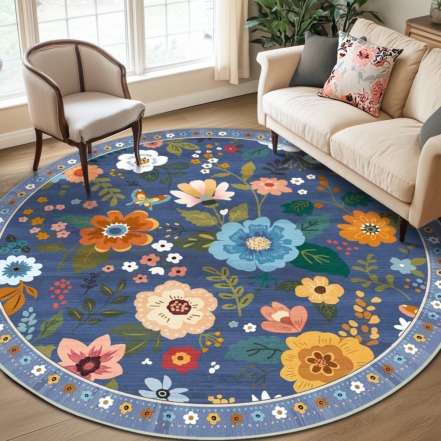 RELEANY Floral Washable 5x7 Area Rugs Black | Flower Carpet, Print, Boho, Non-Slip, Easy to Clean, Soft, Low Pile for Living Room Bedroom Kitchen Office Entryway Hallway