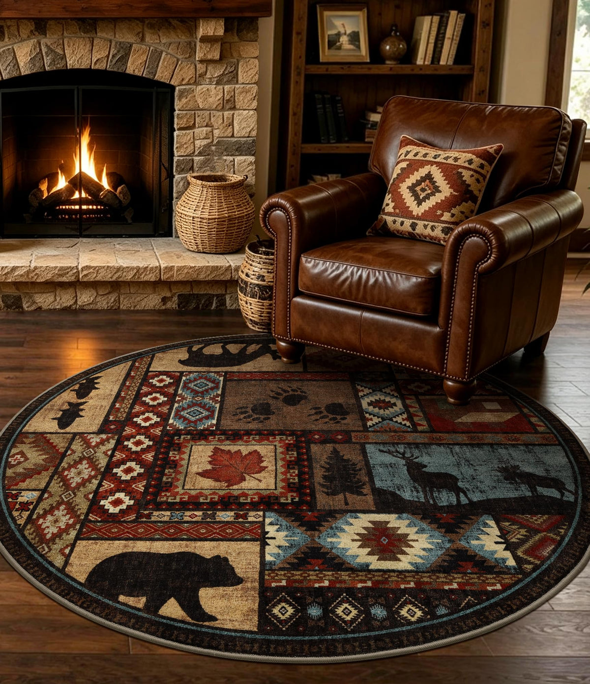Rustic Cabin Area Rug 5x7,Machine Washable Lodge Bear Rug,Non-Slip Low Pile Print Pattern Southwestern Rug for Living Room Bedroom