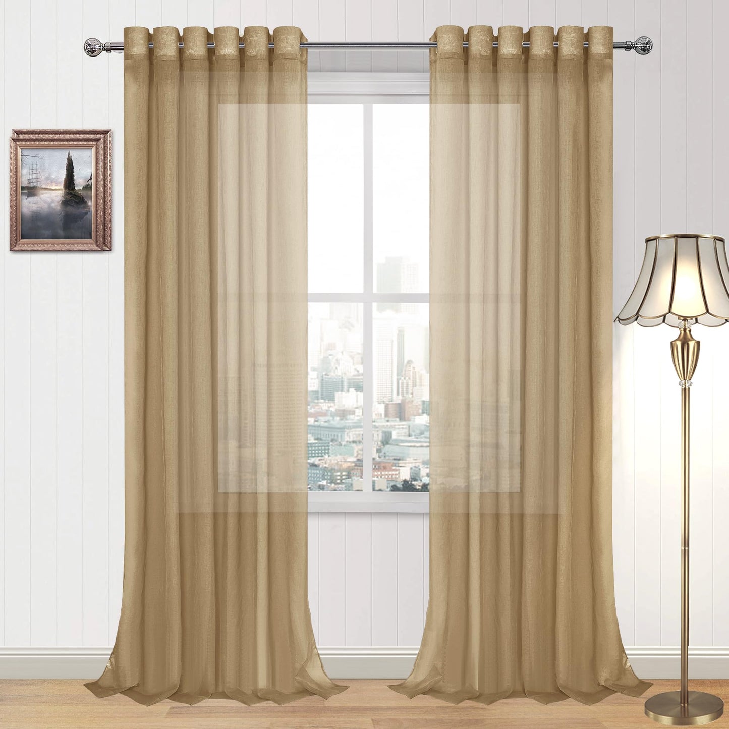 DWCN White Sheer Curtains Linen Look Semi Transparent Voile Grommet White Curtains for Living Dining Room Drapes 52 x 84 Inch Long, Set of 2 Panels