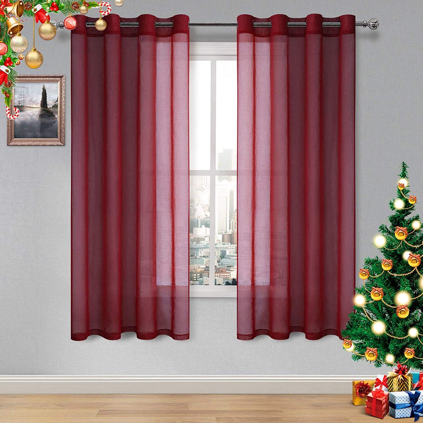 DWCN White Sheer Curtains Linen Look Semi Transparent Voile Grommet White Curtains for Living Dining Room Drapes 52 x 84 Inch Long, Set of 2 Panels