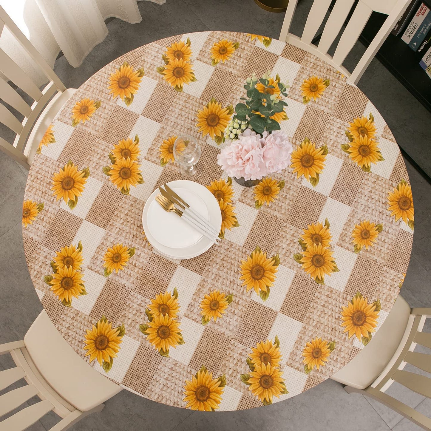 Pioggia Round Vinyl Fitted Tablecloth with Flannel Backing Elastic Table Cloth Waterproof Oil-Proof Plastic Table Cover Best for 45"-56" Round