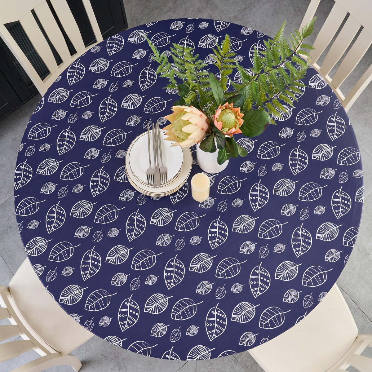 Pioggia Round Vinyl Fitted Tablecloth with Flannel Backing Elastic Table Cloth Waterproof Oil-Proof Plastic Table Cover Best for 45"-56" Round