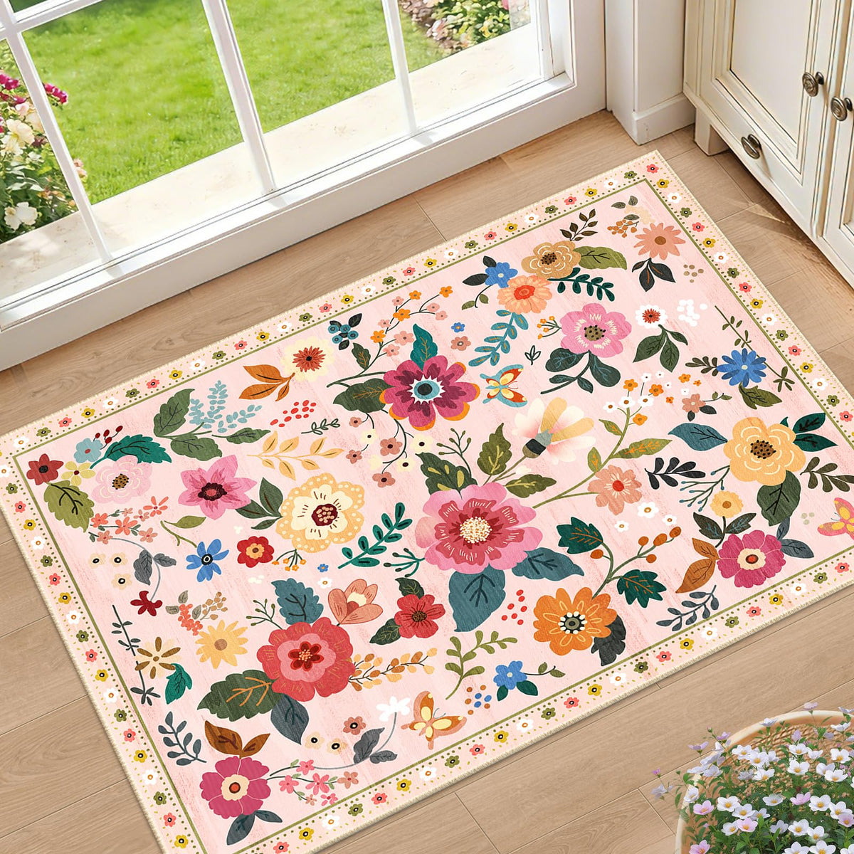 RELEANY Floral Washable 5x7 Area Rugs Black | Flower Carpet, Print, Boho, Non-Slip, Easy to Clean, Soft, Low Pile for Living Room Bedroom Kitchen Office Entryway Hallway