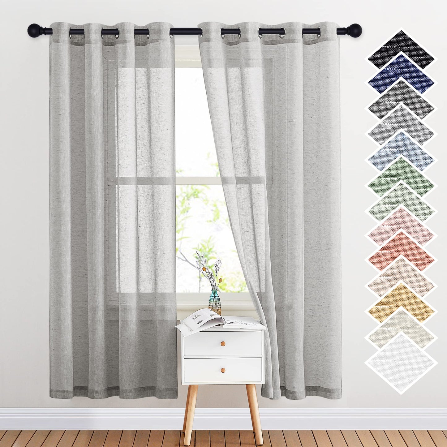 NICETOWN White Sheer Linen Curtains for Living Room 84 inch Length 2 Panels Set, Grommet Semi Sheer Privacy with Light Filtering Flax Window Treatments for Bedroom, W52 x L84