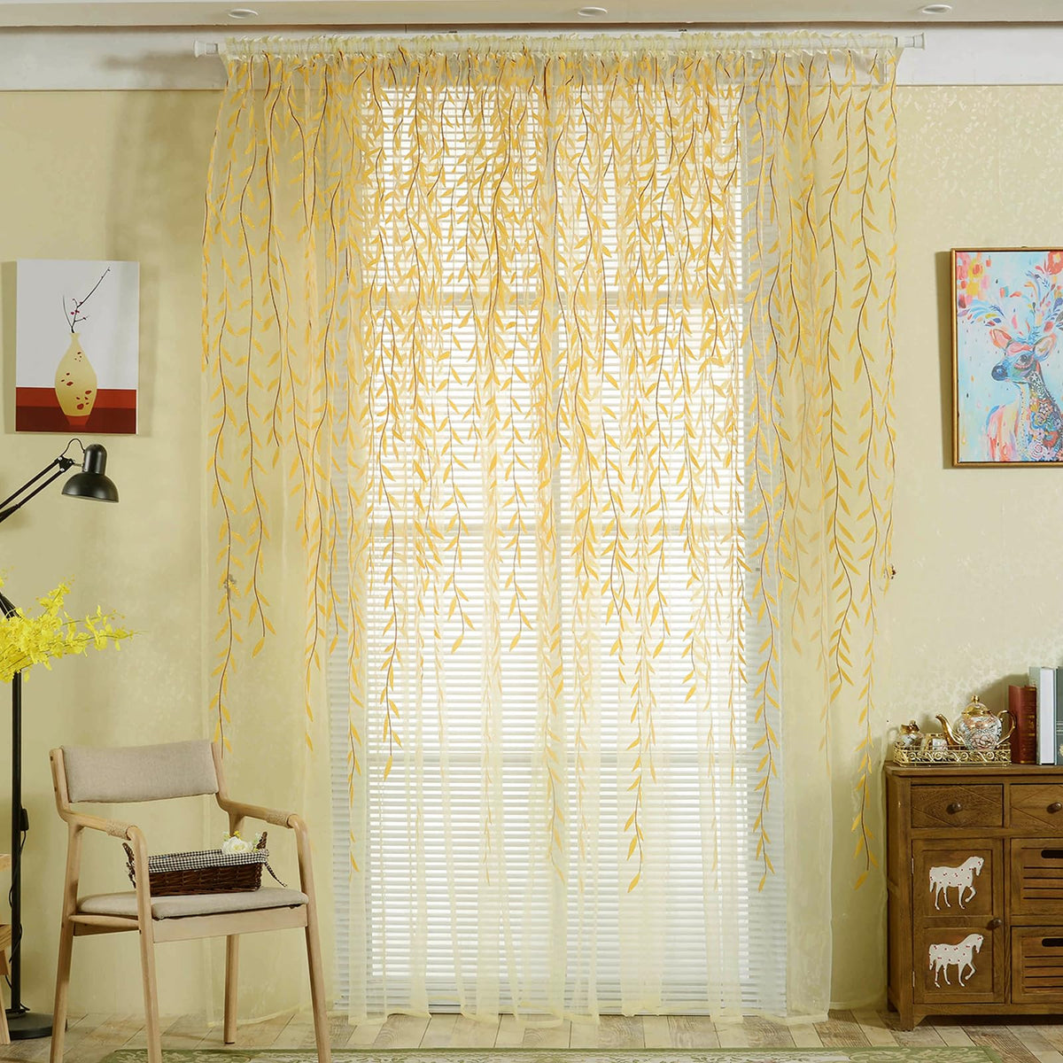 Ufurty 2pcs Willow Leaf Window Curtain Voile Tulle Vine Sheer Curtains | Room Salix Leaf Sheer Gauze Panel Drapes Green Color for Living Room, Bedroom, Balcony