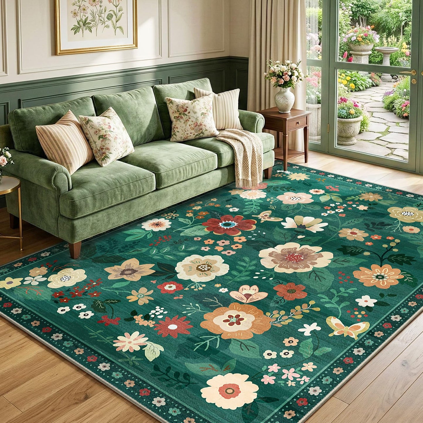 RELEANY Floral Washable 5x7 Area Rugs Beige/White/Orange | Flower Carpet, Print, Boho, Non-Slip, Easy to Clean, Soft, Low Pile for Living Room Bedroom Kitchen Office Entryway Hallway