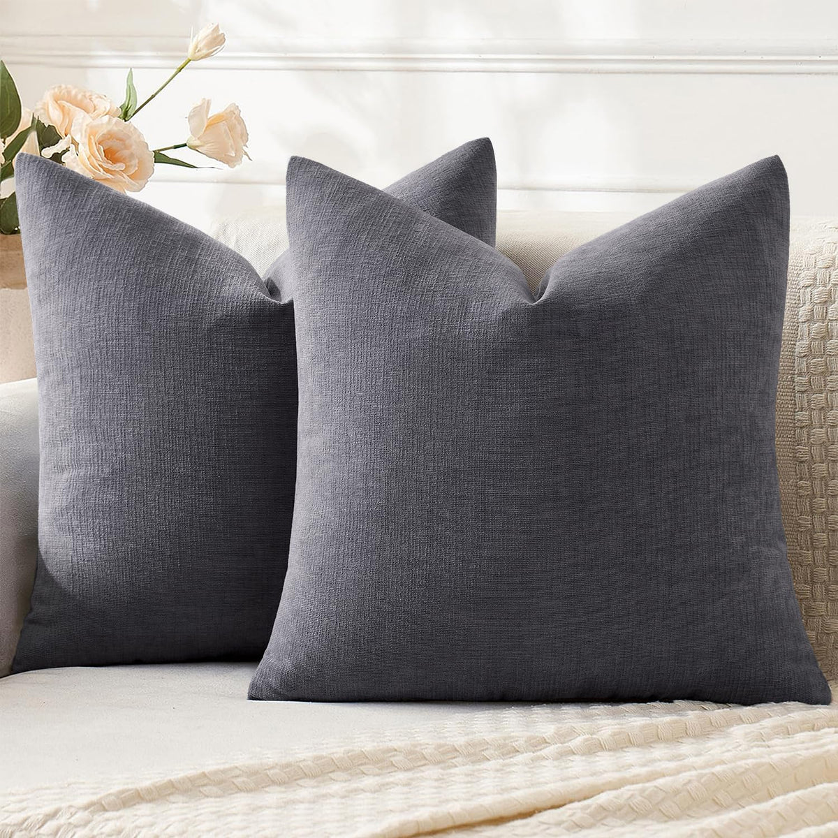 MIULEE Olive Green Chenille Couch Throw Pillow Covers, 18x18 | Set of 2, Soft Modern Farmhouse Style, Decorative Pillowcases for Sofa Living Room Bed, Home Decor