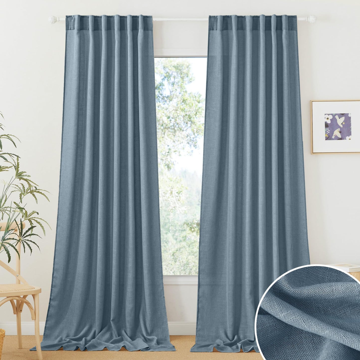 RYB HOME White Sheer Curtains for Living Room Patio Glass Door, W52 x L95 | Linen Texture, Light Filtering Privacy, Airy Translucent, Back Tab, Bedroom Office Balcony, W52 x L95, 2 Panels