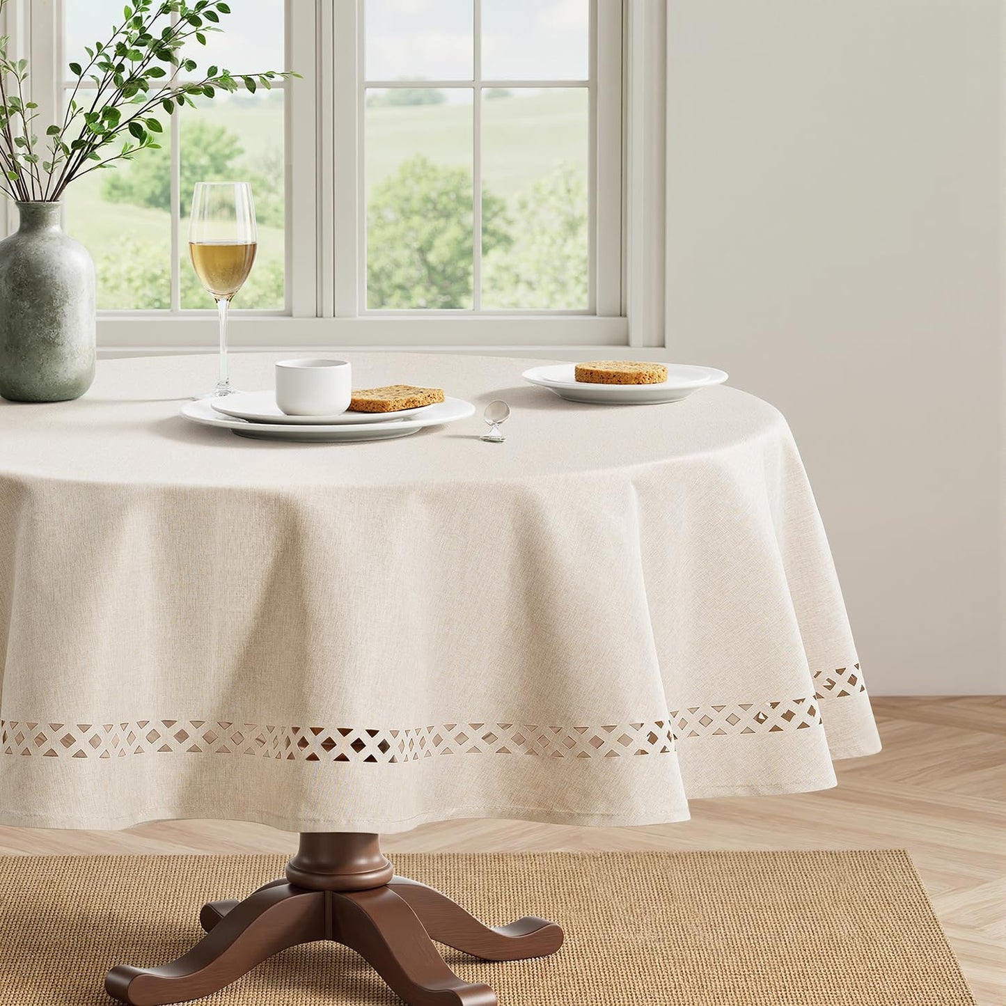 MIULEE Beige Rectangle Tablecloth with Decorative Cutouts 52x70 Inch | Waterproof Stain Resistant & Shrink-Proof Table Cloth, Farmhouse Style, for Dining Wedding Kitchen Party Outdoor