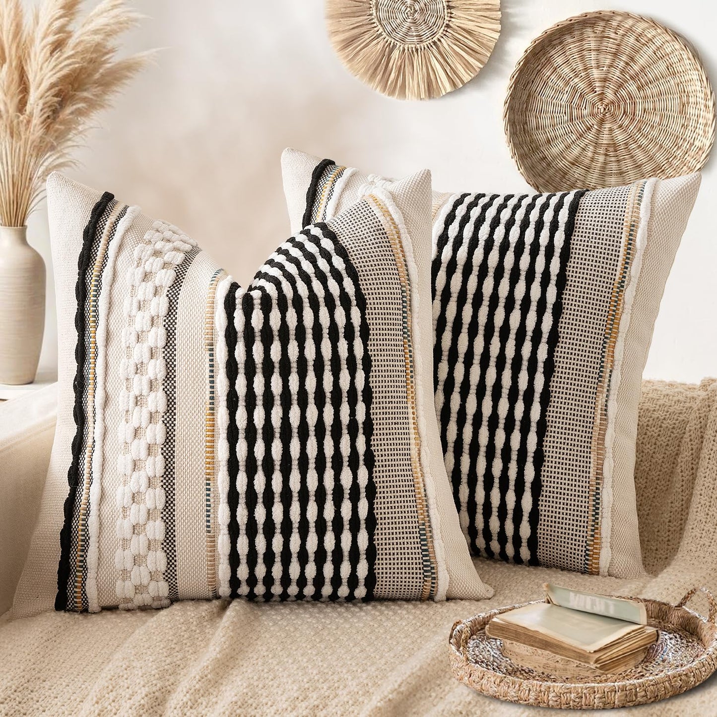 ANRODUO Boho Decorative Pillow Covers Olive Green Stripe 18x18 Pack of 2 | Throw Pillow Covers, Farmhouse Cushion Case, Chenille Pillow Cases, Pillow Covers, Accent Neutral Pillowcase for Couch Bed