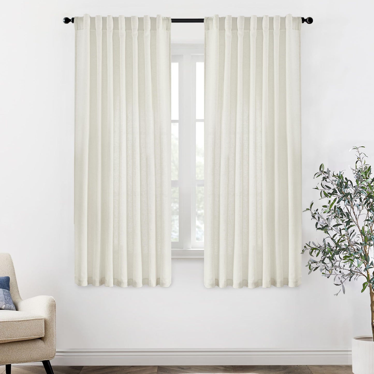 Linen Cotton Curtains for Living Room, Cream Off White Natural Fabric Light Filtering Semi Sheer Curtains 84 Inches Long, Ivory Pleated Farmhouse Curtain Drapes 84 Inch Length 2 Panels Set Dining Room