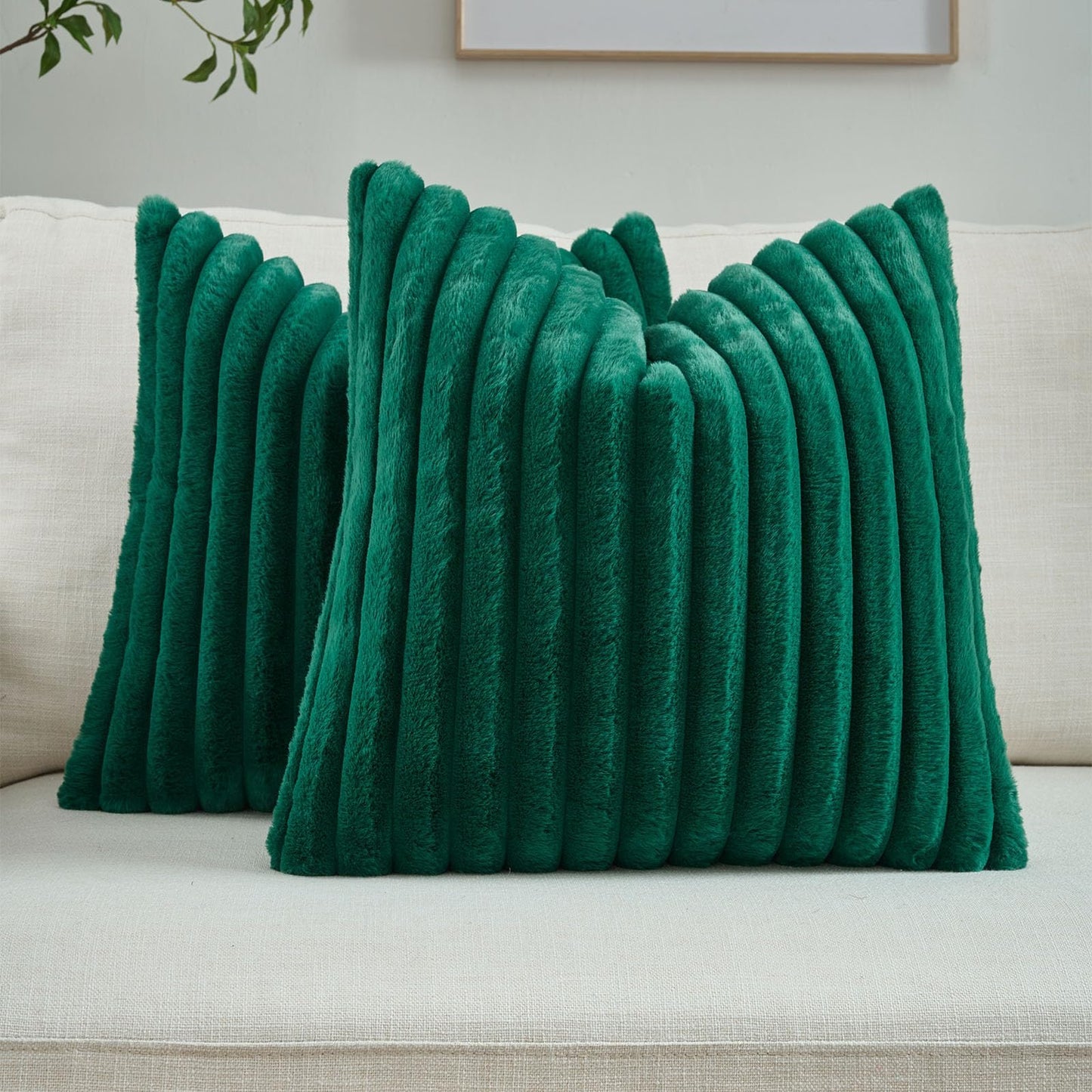 FUTEI Pack of 2 Faux Fur Throw Pillow Covers 18x18 Inch, Cream White | Fluffy Faux Rabbit Fur Front/Premium Velvet Back,Hidden Zipper,Machine Washable,Non-Shedding,Colorfast,Insert Not Included.