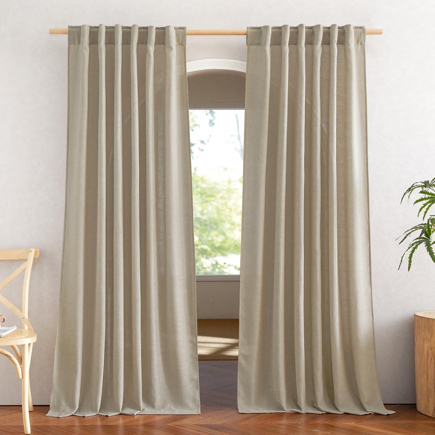 NICETOWN Flax Linen Curtains 84 inch Long, Rod Pocket & Back Tab Semi Sheer Vertical Drapes Privacy Added with Light Filtering for Bedroom/Living Room, Burlap, W52 x L84, 2 Pieces