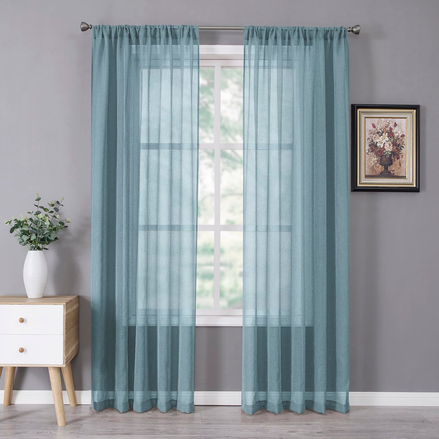 Tollpiz Sheer Curtains Living Room Linen Textured Curtain Sheers Light Filtering Voile Rod Pocket Curtains for Bedroom, 38 x 63 inches Long, White, Set of 2 Panels