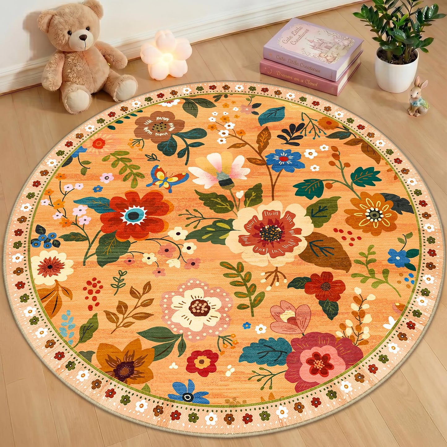 RELEANY Floral Washable 5x7 Area Rugs Beige/White/Orange | Flower Carpet, Print, Boho, Non-Slip, Easy to Clean, Soft, Low Pile for Living Room Bedroom Kitchen Office Entryway Hallway