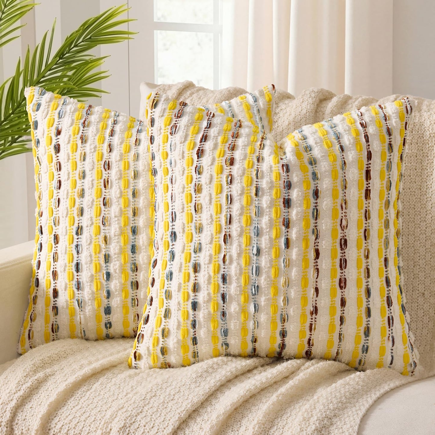 ANRODUO Boho Decorative Pillow Covers Olive Green Stripe 18x18 Pack of 2 | Throw Pillow Covers, Farmhouse Cushion Case, Chenille Pillow Cases, Pillow Covers, Accent Neutral Pillowcase for Couch Bed