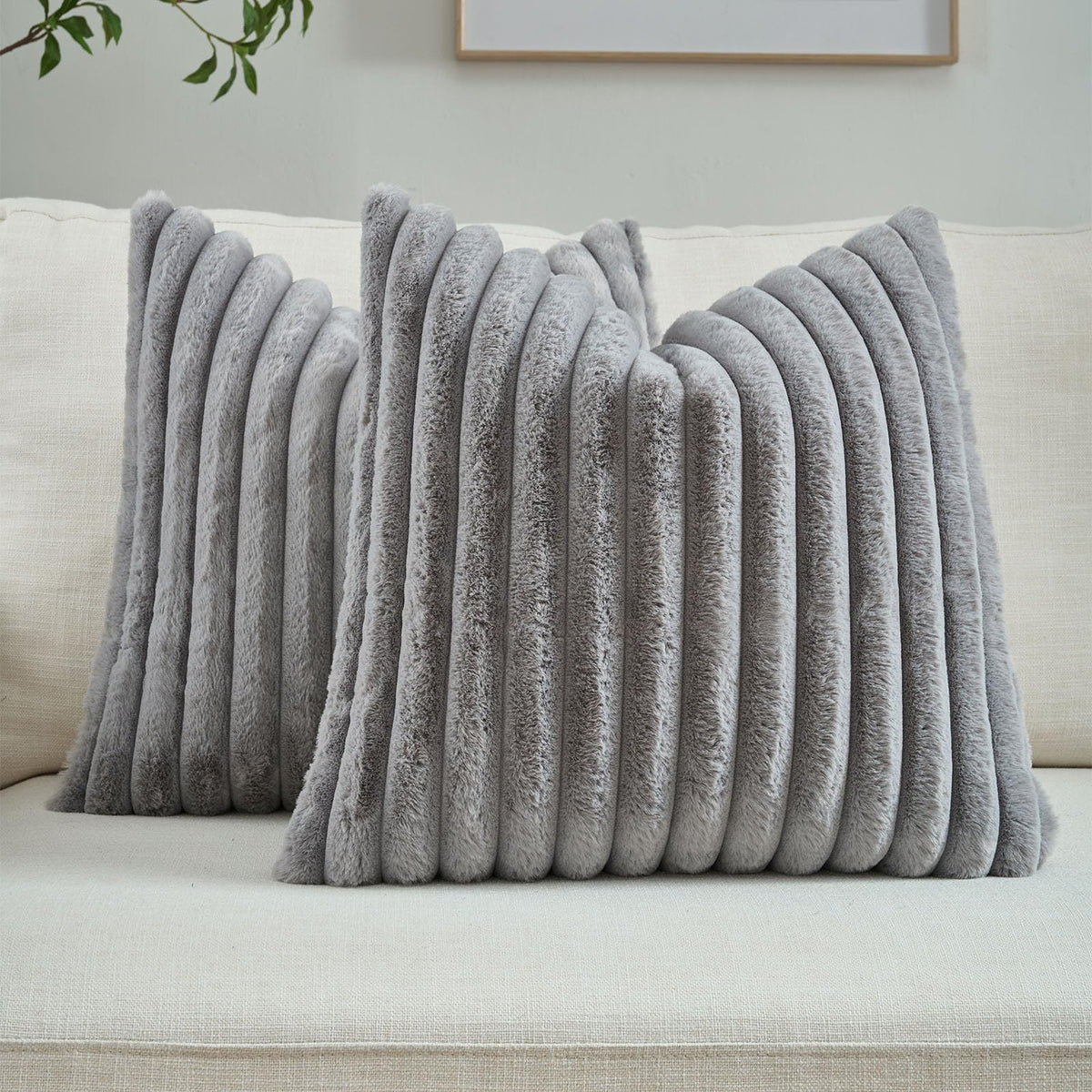 FUTEI Pack of 2 Faux Fur Throw Pillow Covers 18x18 Inch, Cream White | Fluffy Faux Rabbit Fur Front/Premium Velvet Back,Hidden Zipper,Machine Washable,Non-Shedding,Colorfast,Insert Not Included.