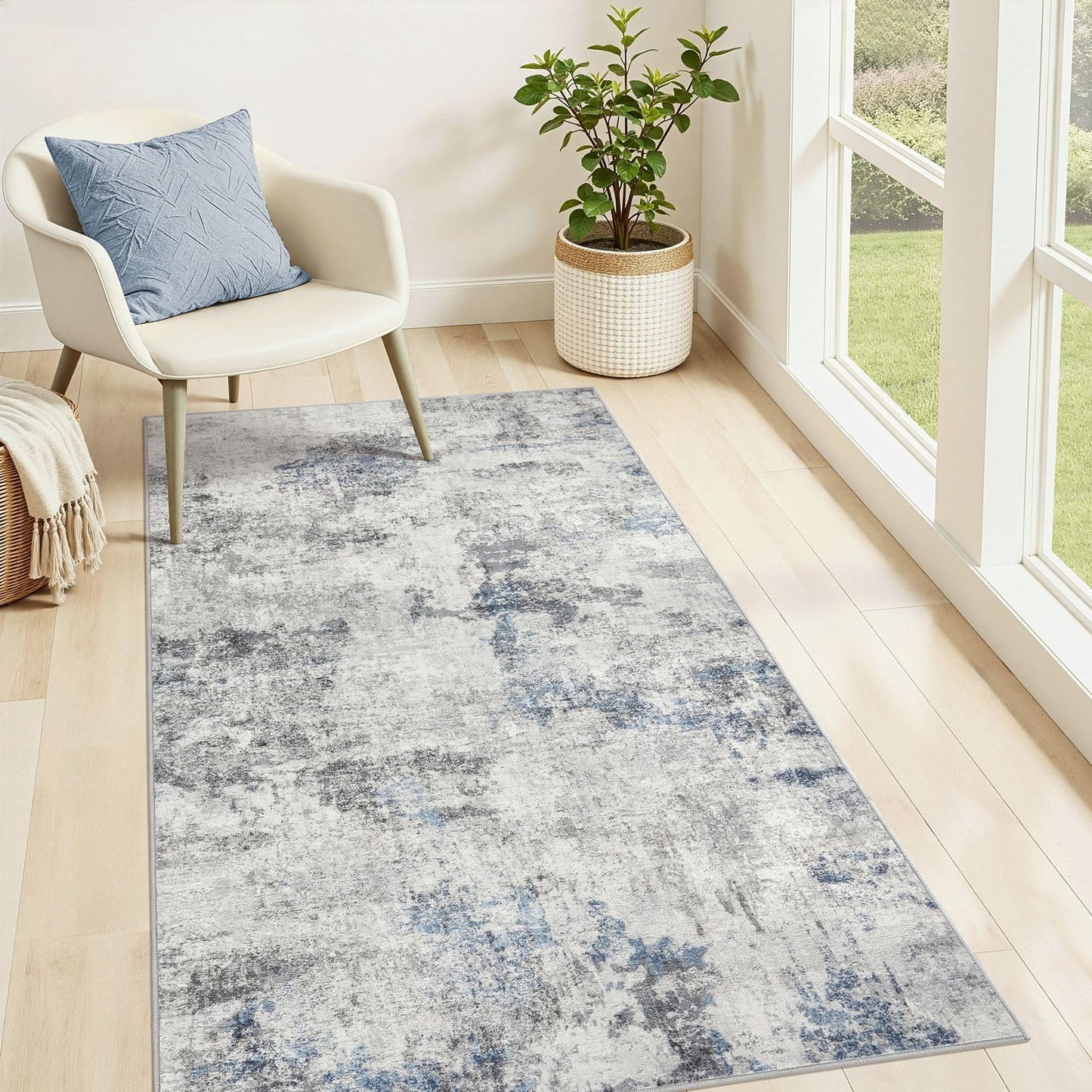 DMOYEST 8x10 Area Rug for Living Room Washable Abstract Indoor Carpet | Neutral Modern Low Pile Rugs Kid & Pet Friendly Large Soft Thin Carpet for Bedroom Dining Room - Grey Blue