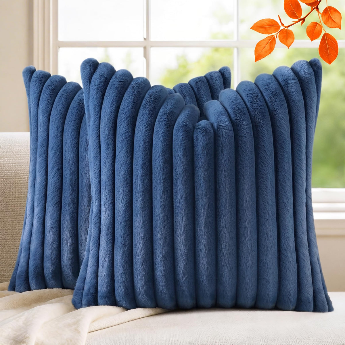 Pack of 2 Throw Pillow Covers 18x18 Decorative Solid Plush Faux Fur with Soft Velvet Back, Square Striped Cushion Cases Modern Farmhouse Home Decor for Living Room Couch Sofa Bed Cream White