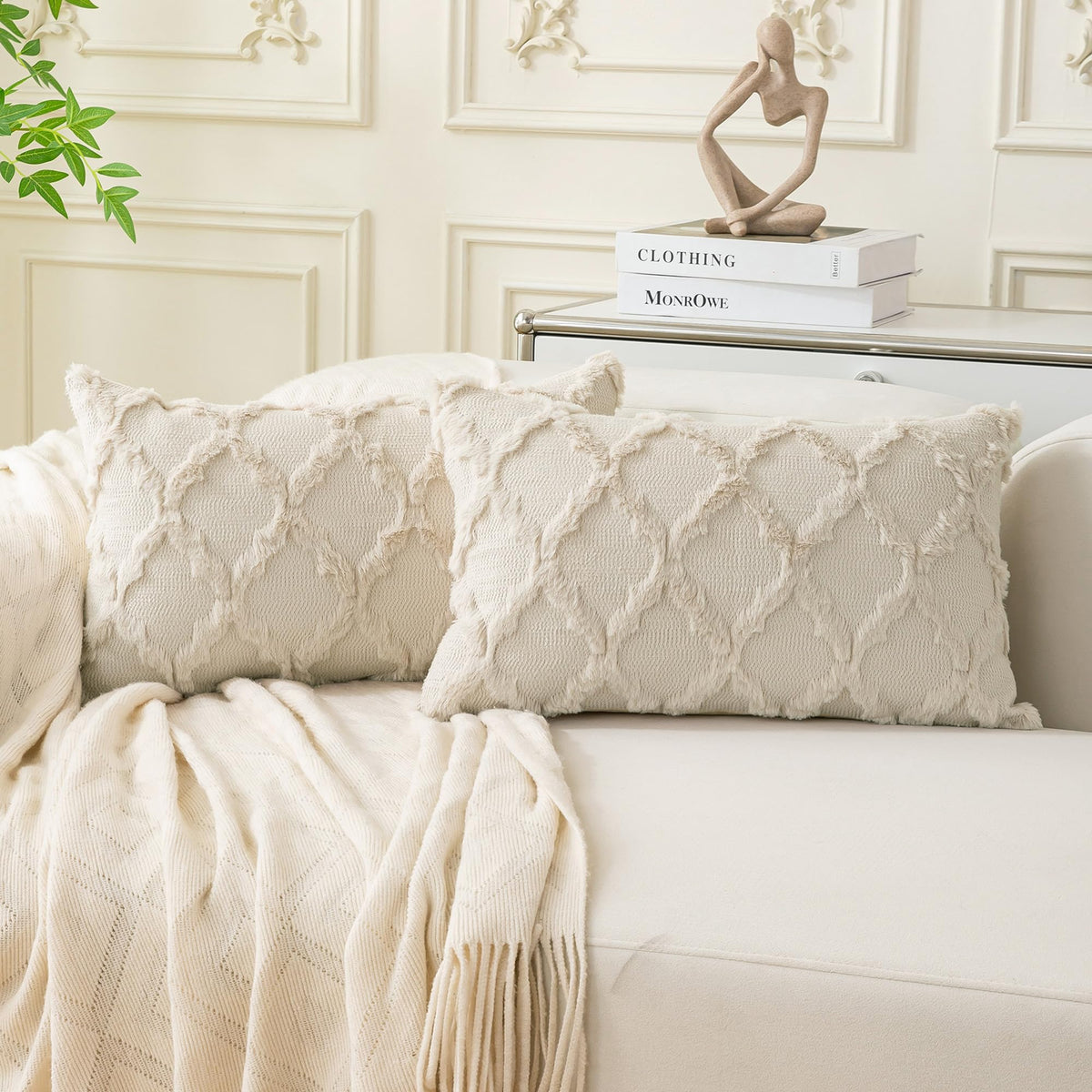 Set of 2 Soft Moroccan Throw Pillow Covers 18x18 Inch Plush Boho Decorative Pillow Cover Accent Cushion Case for Couch Sofa Bed, Beige