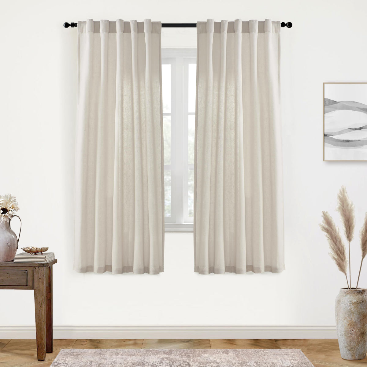 Linen Cotton Curtains for Living Room, Cream Off White Natural Fabric Light Filtering Semi Sheer Curtains 84 Inches Long, Ivory Pleated Farmhouse Curtain Drapes 84 Inch Length 2 Panels Set Dining Room