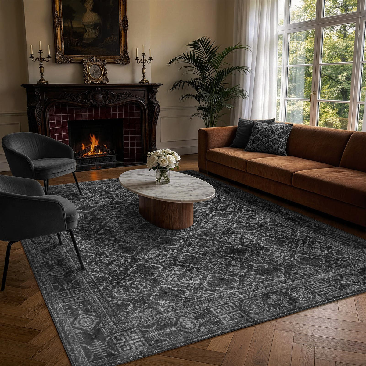 8x10 Washable Area Rug, Black Solid Area Rugs for Living Room & Bedroom | Stain-resistant & Non-slip backing,Low Pile Washable Large Carpet, Solid Vintage Style For High Traffic Areas(8x10,Black)