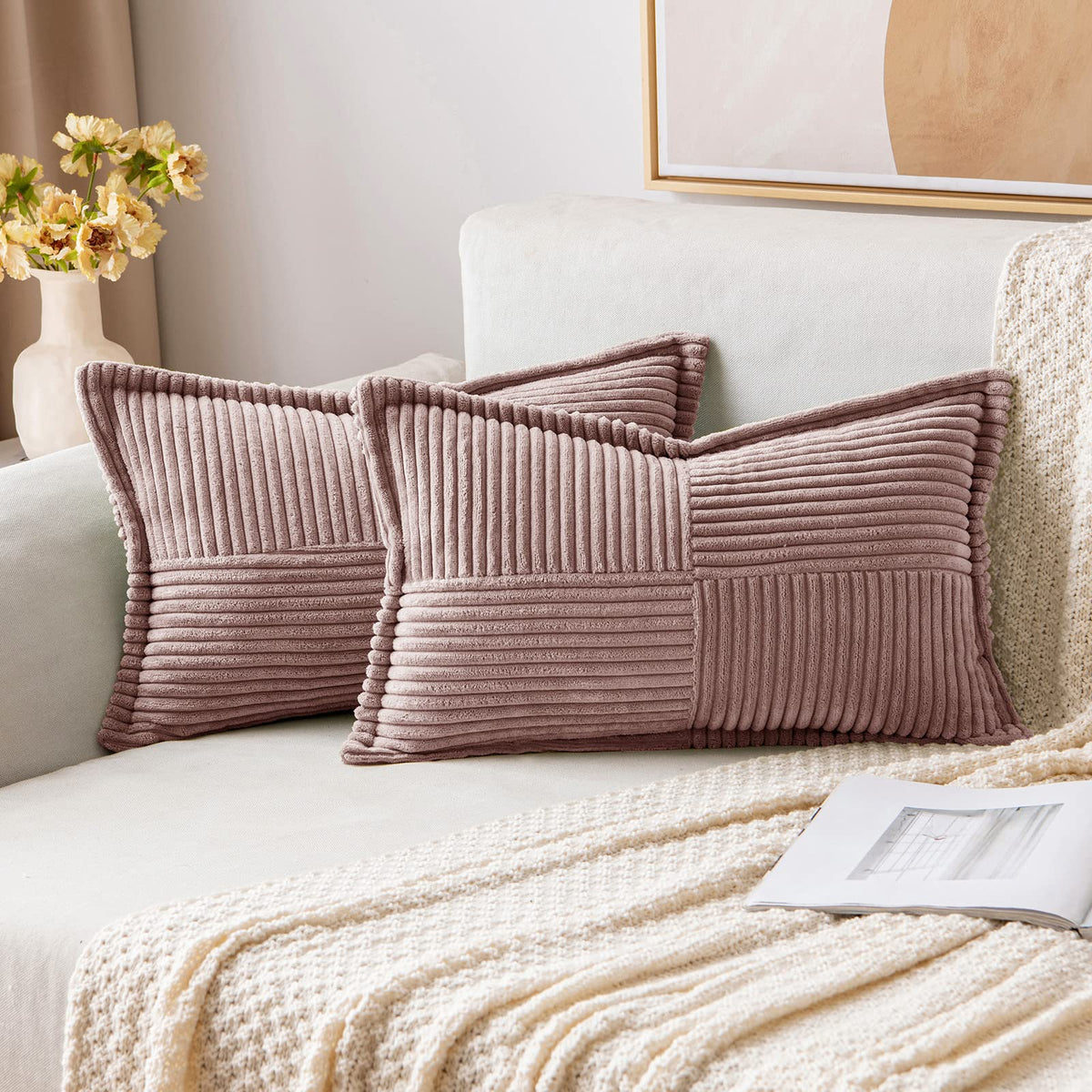 MIULEE Decorative Throw Pillow Covers for Couch 18x18 Inch Beige 2 Pack | Boho Broadside Striped Patchwork Pillow Covers, Soft Corduroy Cushion Cases, For Sofa Bed Livingroom Home Decor