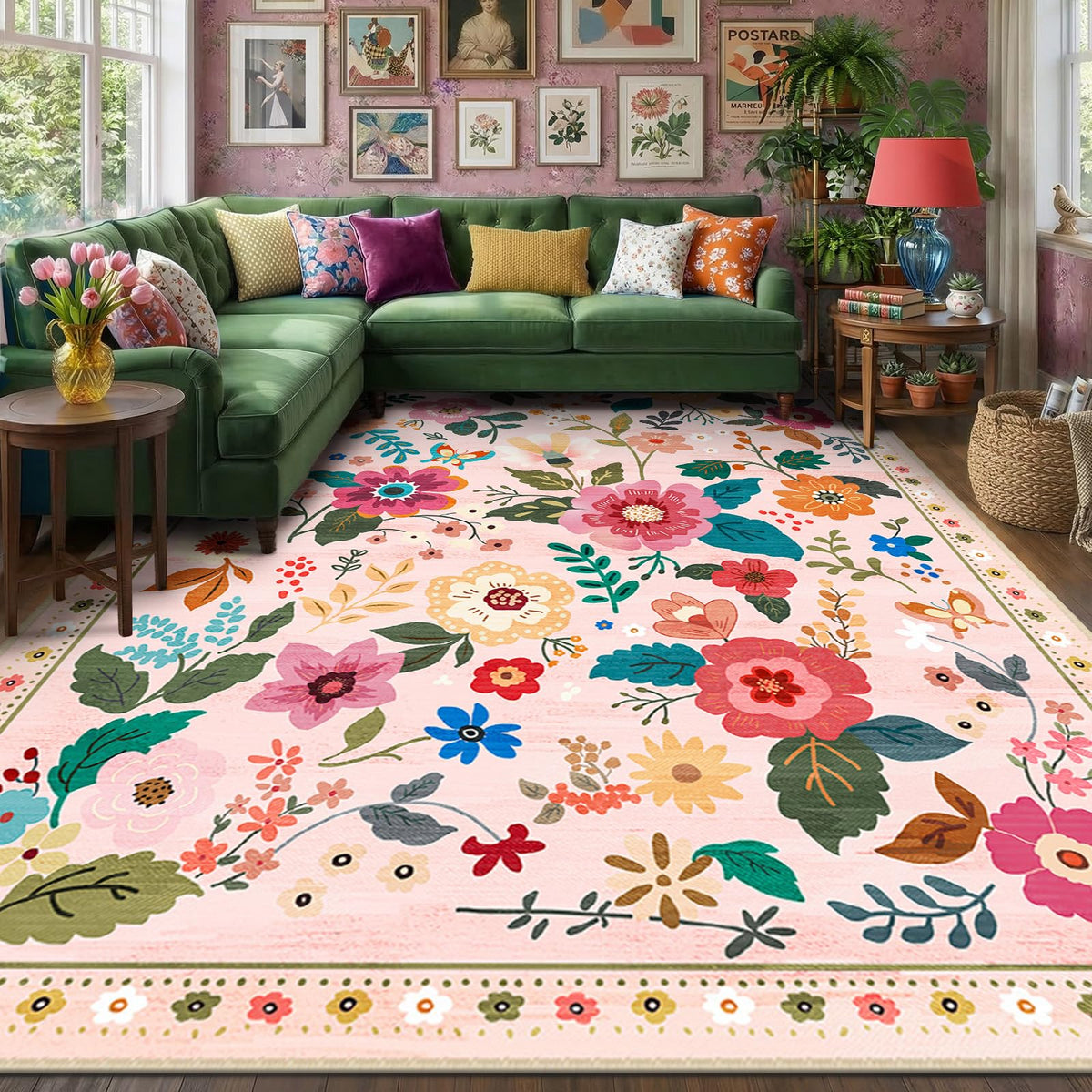 RELEANY Floral Washable 5x7 Area Rugs Black | Flower Carpet, Print, Boho, Non-Slip, Easy to Clean, Soft, Low Pile for Living Room Bedroom Kitchen Office Entryway Hallway