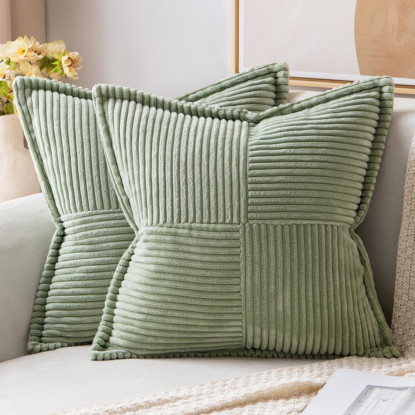 MIULEE Decorative Throw Pillow Covers for Couch 18x18 Inch Beige 2 Pack | Boho Broadside Striped Patchwork Pillow Covers, Soft Corduroy Cushion Cases, For Sofa Bed Livingroom Home Decor