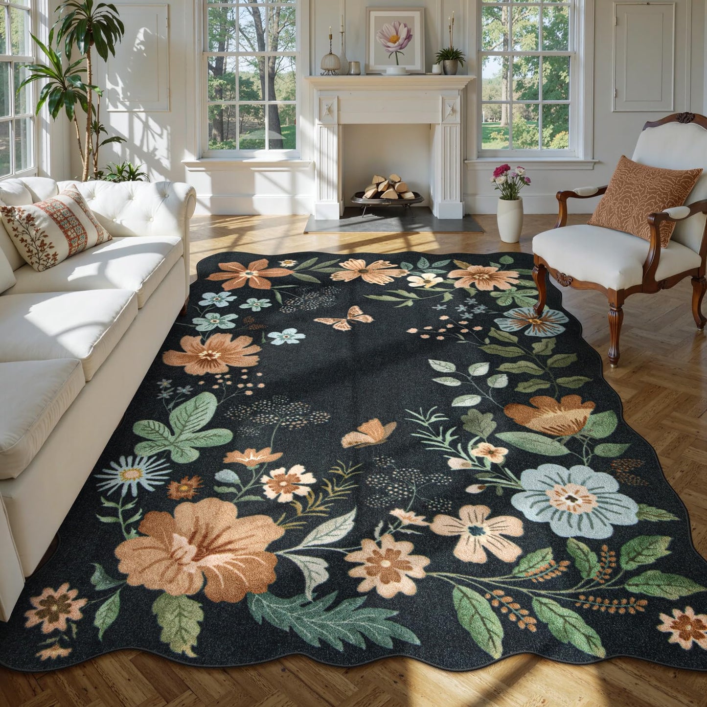 Lahome Floral Washable Living Room Rug, 5x7 Area Rugs for Bedroom Soft | Dining Room Rug Ultra-Thin Non Slip Stain Resistant Boho Low-Pile Throw Carpet for Office Flore (5x7ft, Beige)